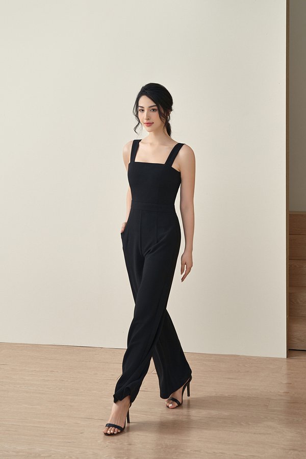 Zora Padded Cut Out Back Straight Legged Jumpsuit in Classic Black