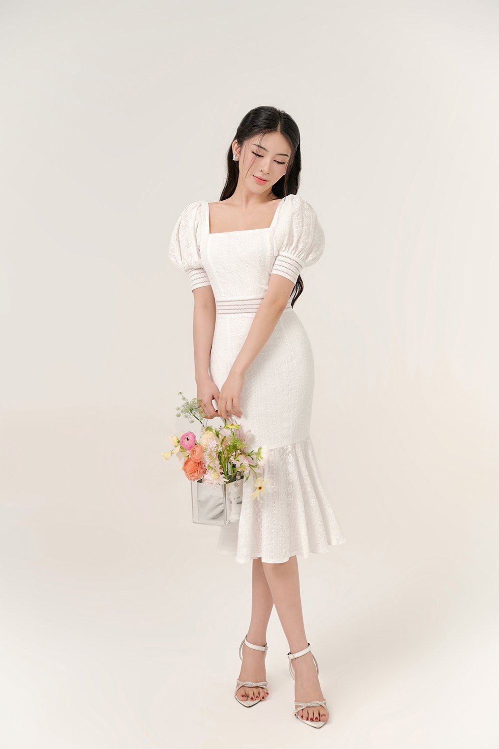 Jangmi Puffy Sleeves Broderie Anglaise Mermaid Dress in Iconic White