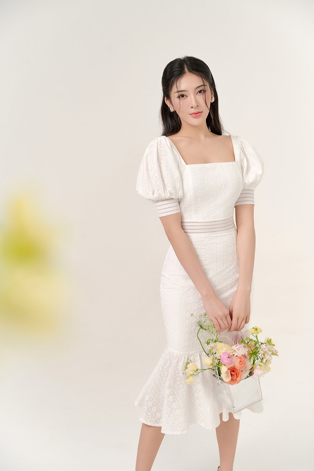 Jangmi Puffy Sleeves Broderie Anglaise Mermaid Dress in Iconic White