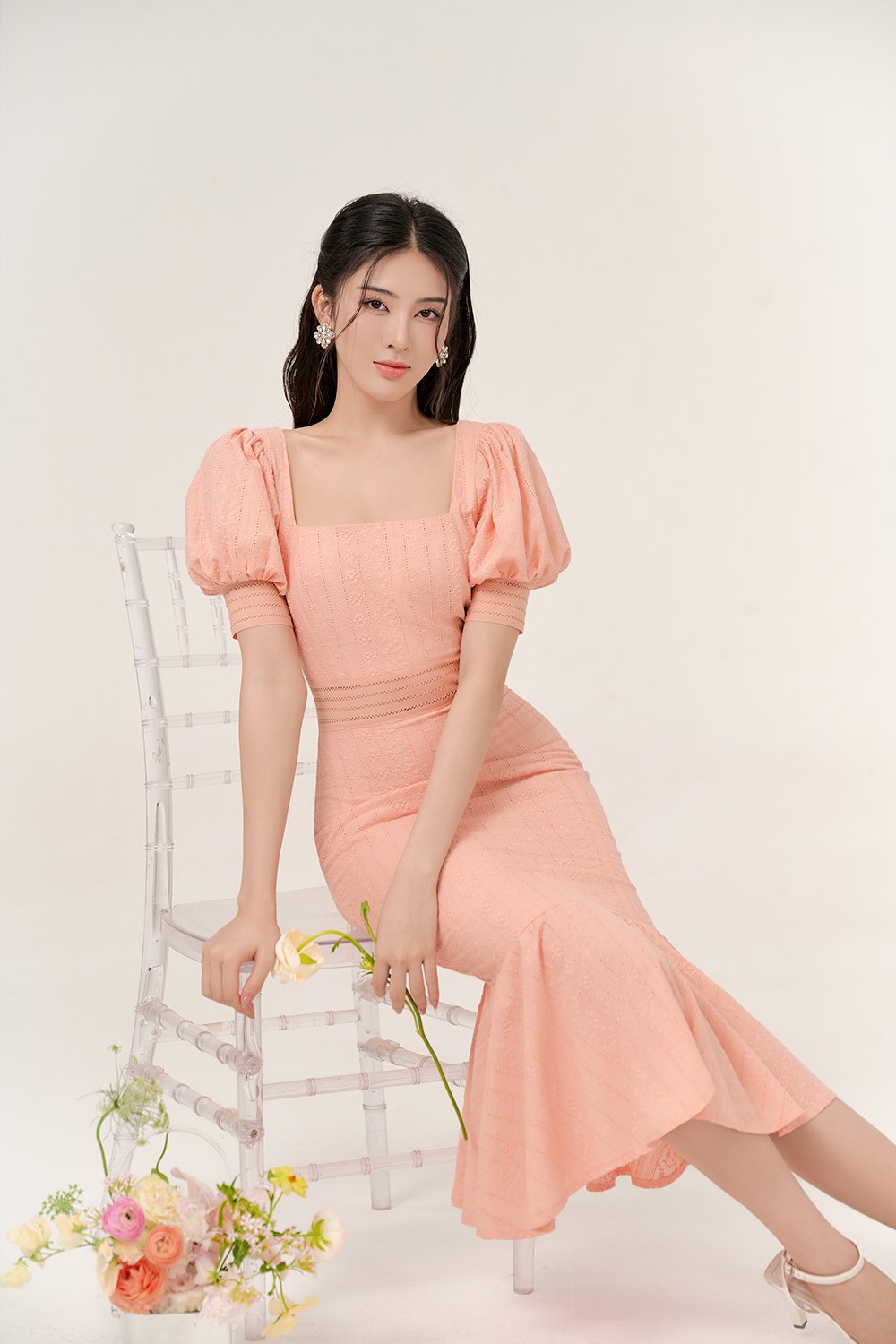 Jangmi Puffy Sleeves Broderie Anglaise Mermaid Dress in Peach