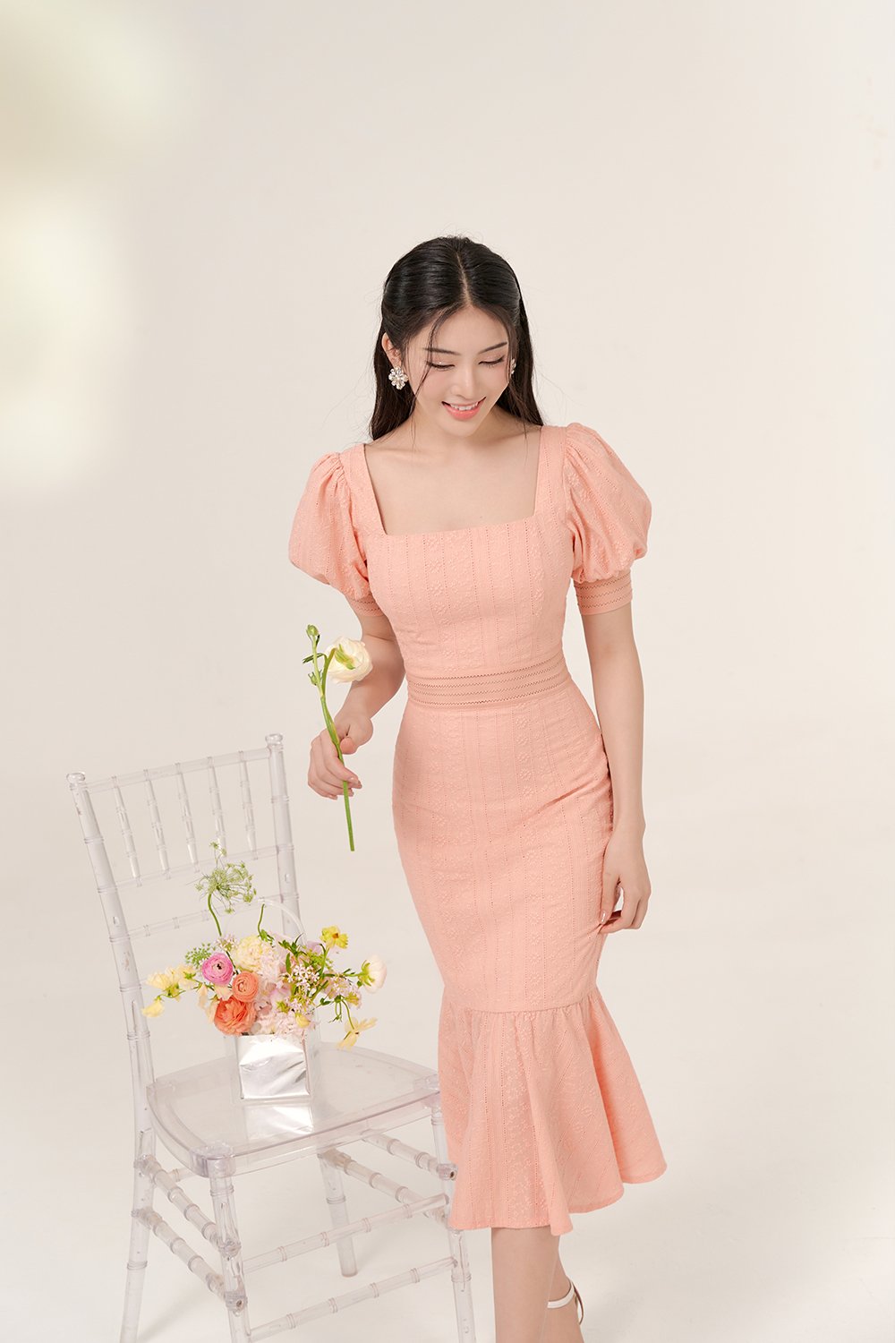 Jangmi Puffy Sleeves Broderie Anglaise Mermaid Dress in Peach