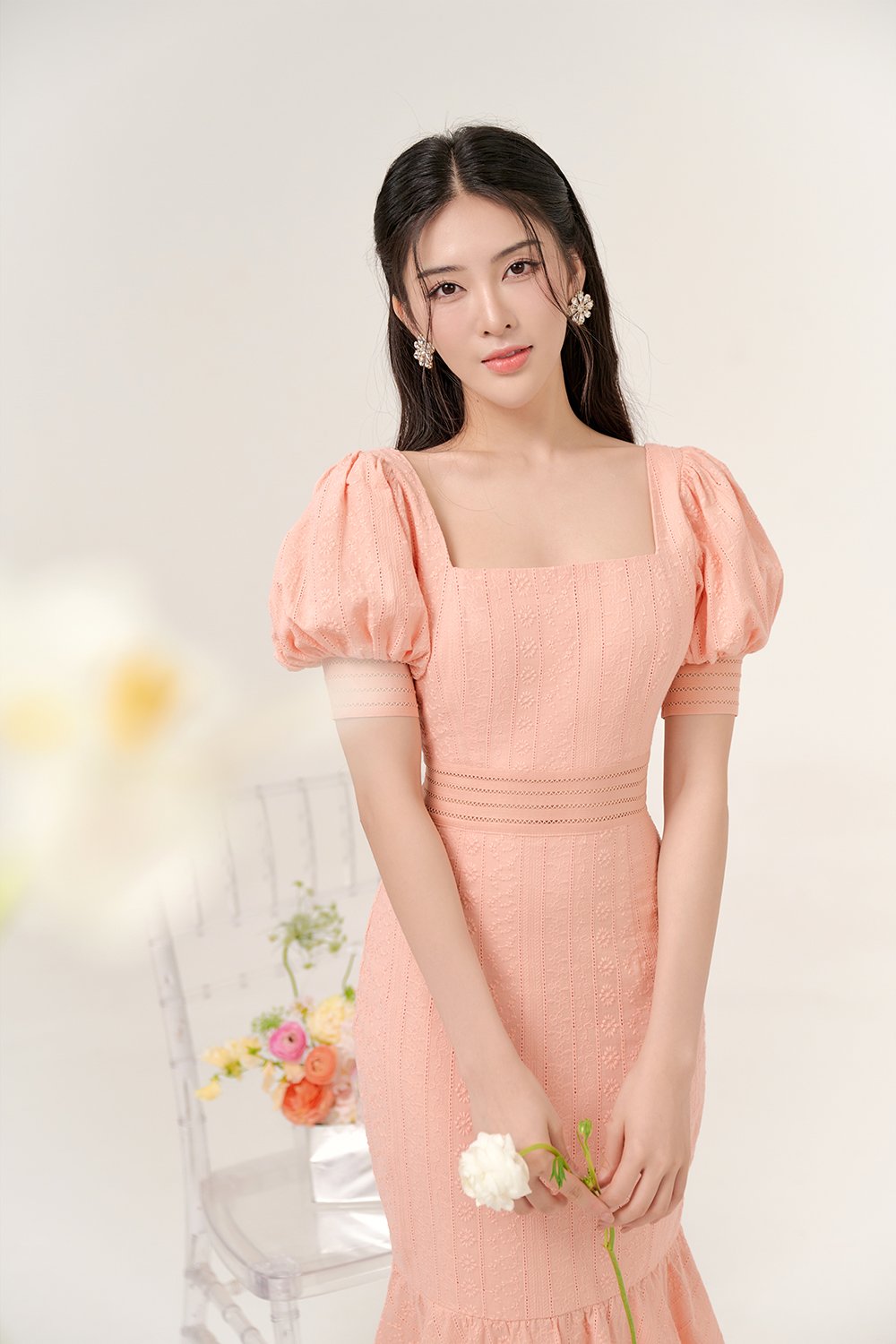 Jangmi Puffy Sleeves Broderie Anglaise Mermaid Dress in Peach