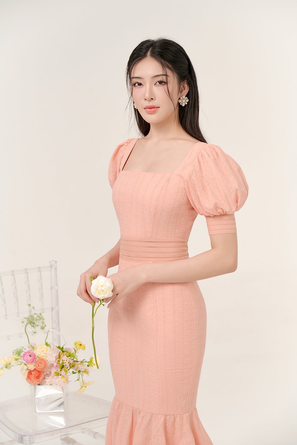 Jangmi Puffy Sleeves Broderie Anglaise Mermaid Dress in Peach