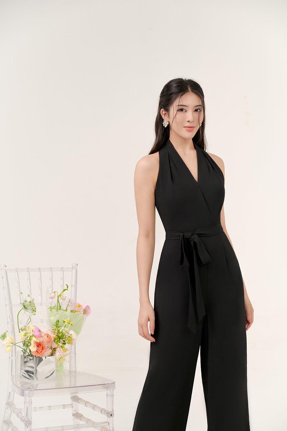 Juni Pleated V-Neck Jumpsuit with Sash Belt in Classic Black