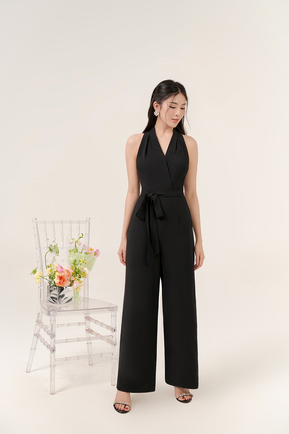 Juni Pleated V-Neck Jumpsuit with Sash Belt in Classic Black
