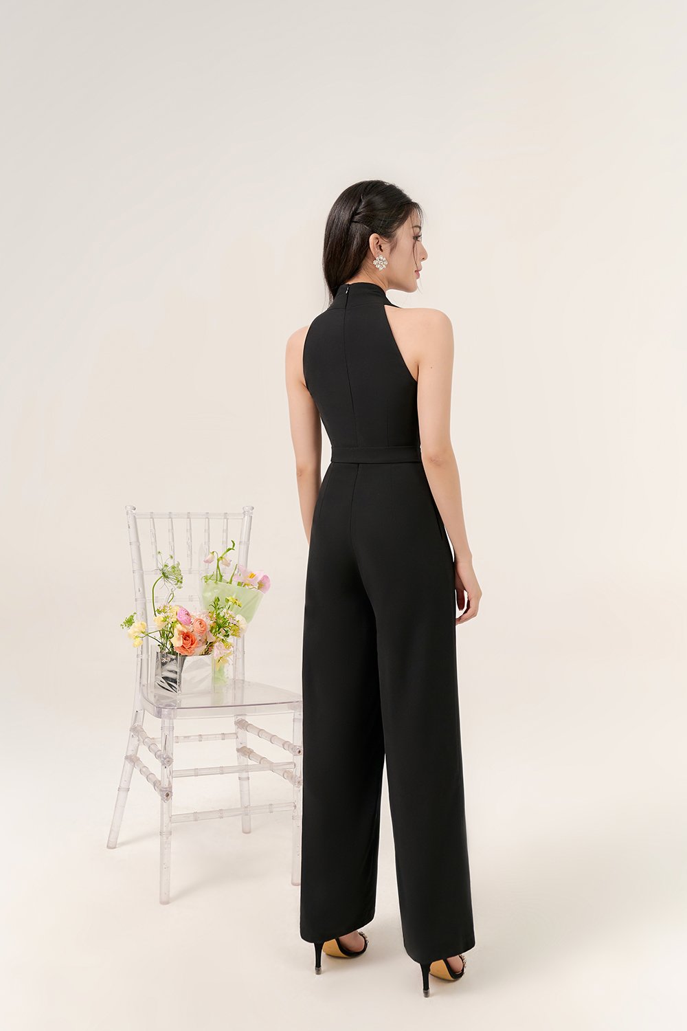 Juni Pleated V-Neck Jumpsuit with Sash Belt in Classic Black