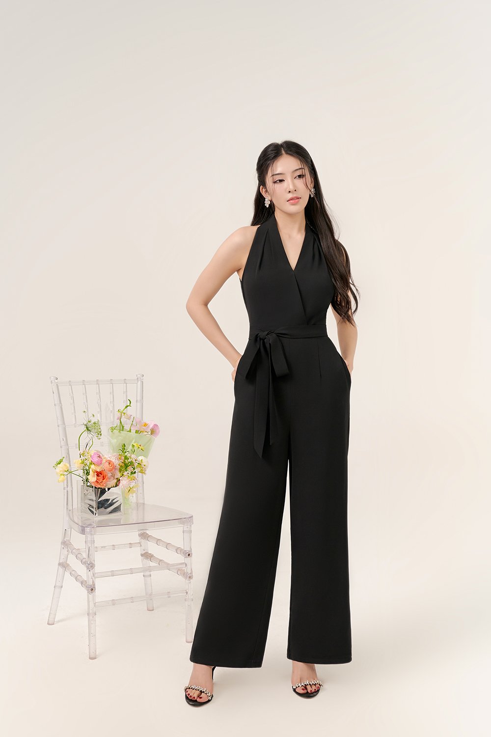 Juni Pleated V-Neck Jumpsuit with Sash Belt in Classic Black
