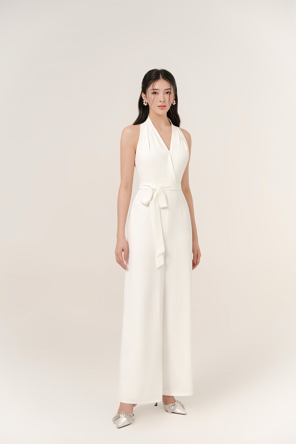 Juni Pleated V-Neck Jumpsuit with Sash Belt in Iconic White