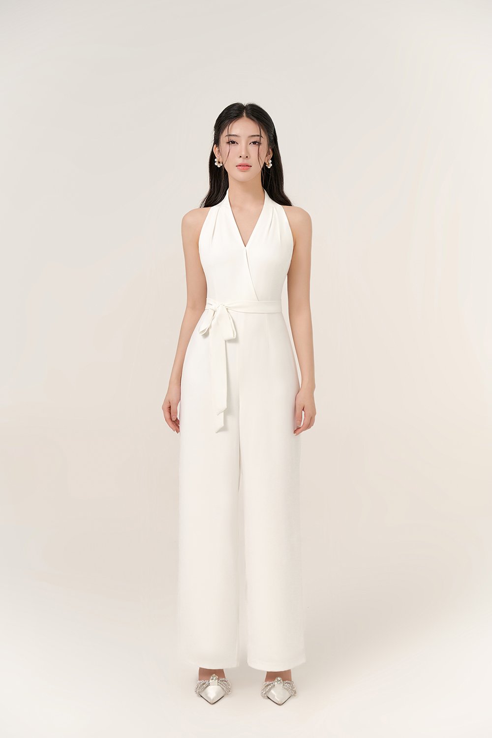 Juni Pleated V-Neck Jumpsuit with Sash Belt in Iconic White