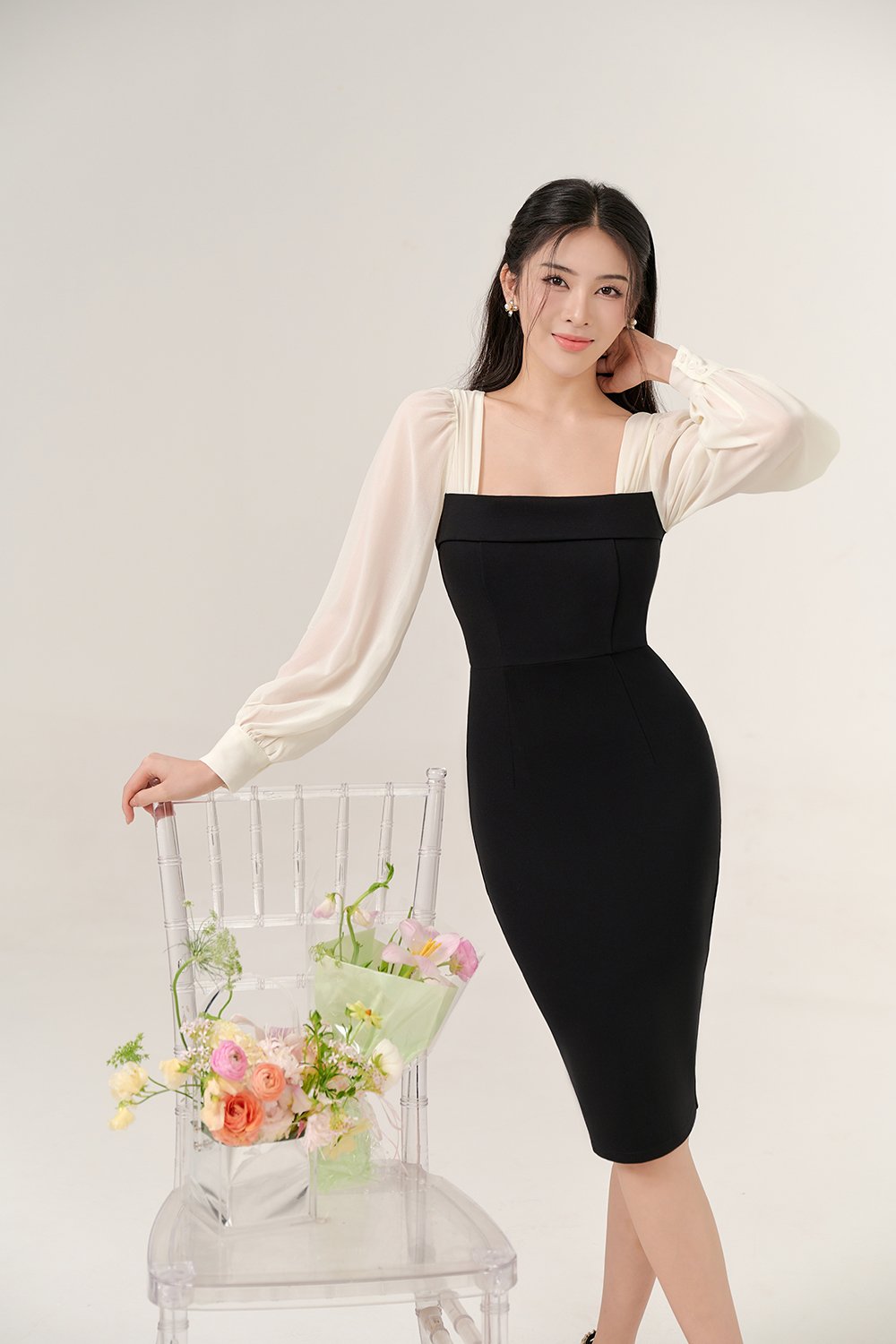 Nami Chiffon Sleeves Pencil Dress In Classic Black/Ivory White