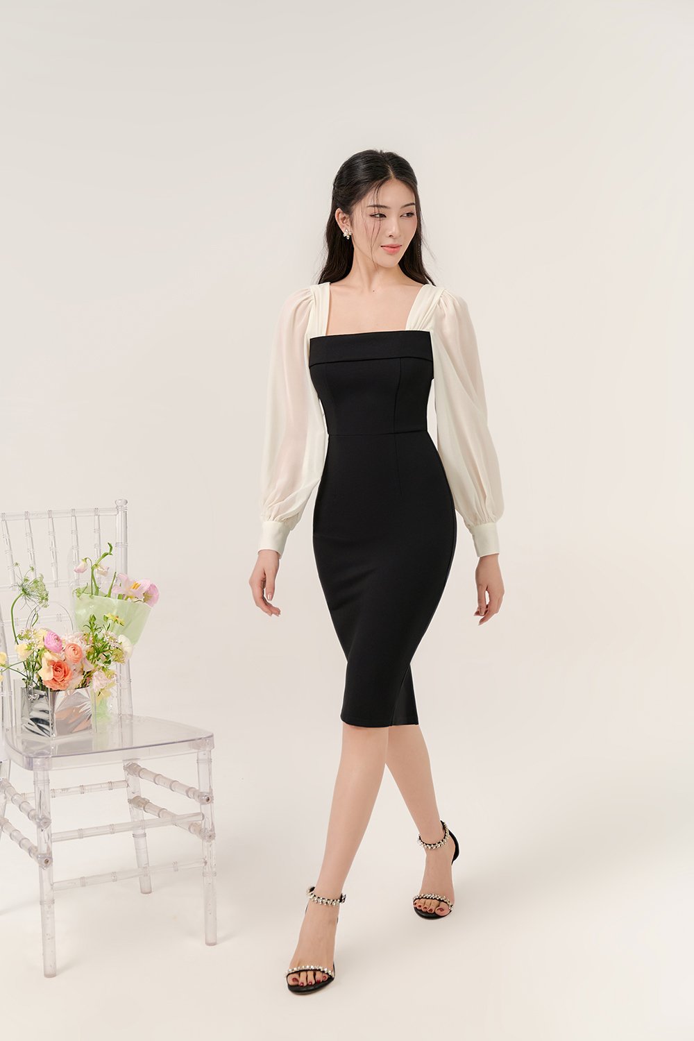 Nami Chiffon Sleeves Pencil Dress In Classic Black/Ivory White