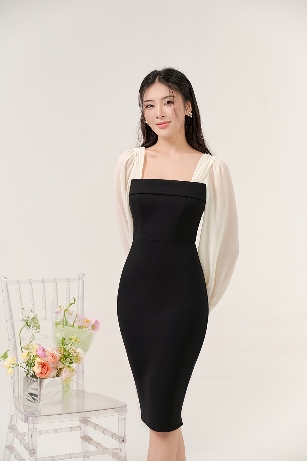 Nami Chiffon Sleeves Pencil Dress In Classic Black/Ivory White