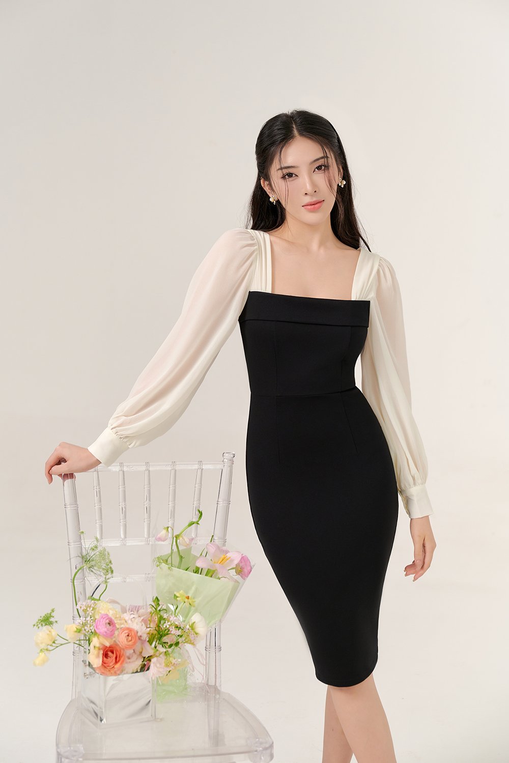 Nami Chiffon Sleeves Pencil Dress In Classic Black/Ivory White