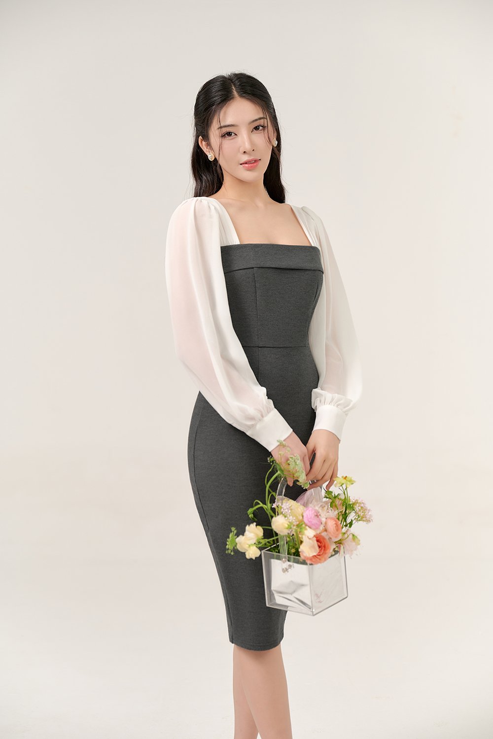 Nami Chiffon Sleeves Pencil Dress In Grey/Iconic White