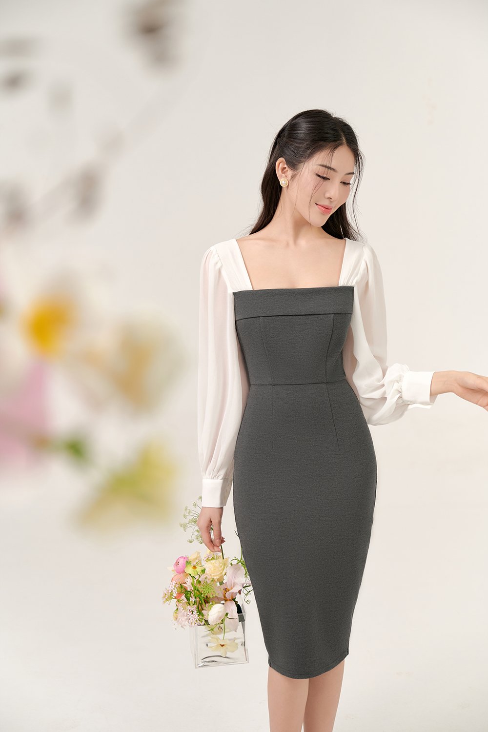 Nami Chiffon Sleeves Pencil Dress In Grey/Iconic White