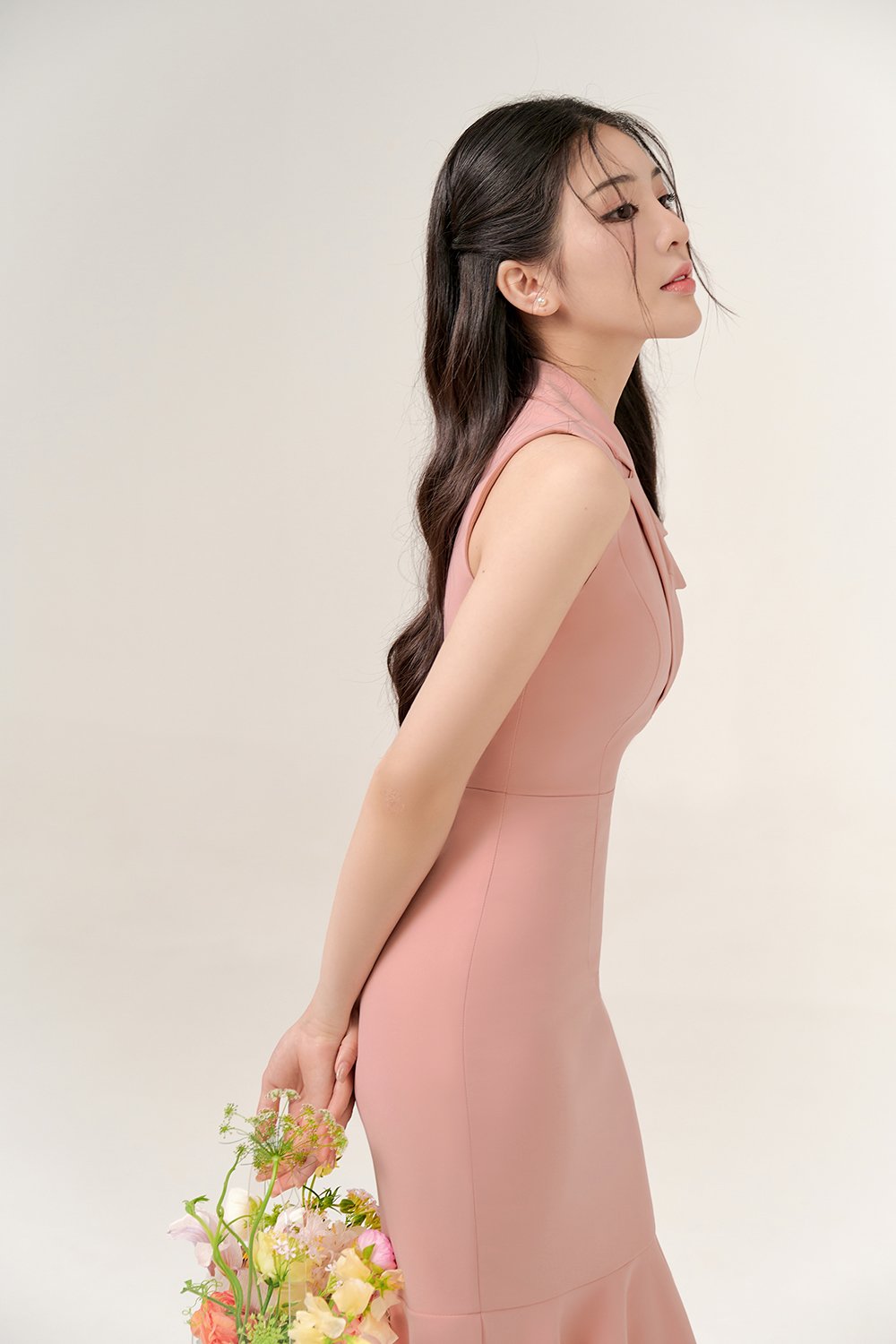 Taeyeon Pleated Lapel Mermaid Dress In Rose