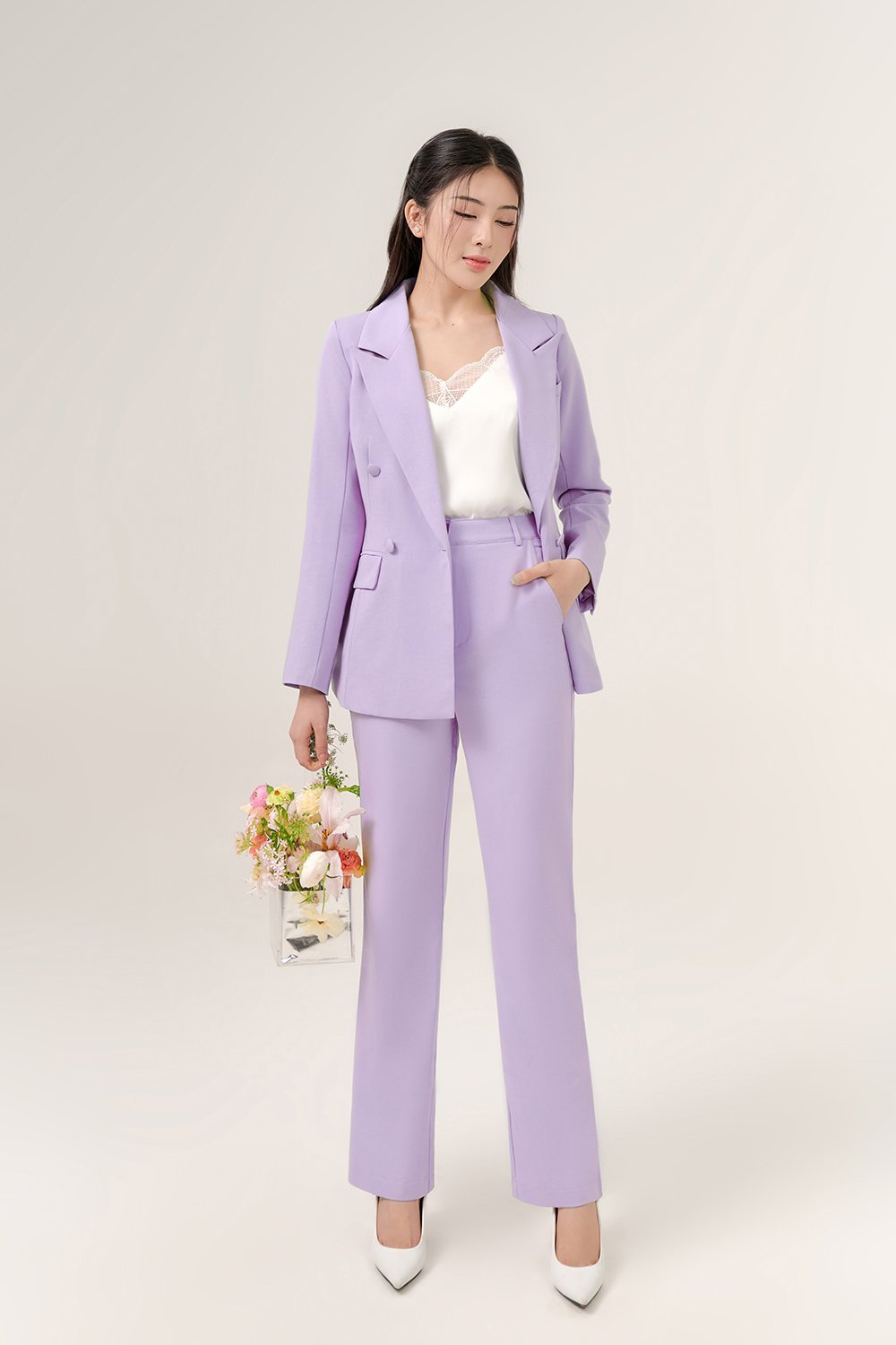 Areum Relaxed Fit Shoulder Padded Blazer in Heather Purple