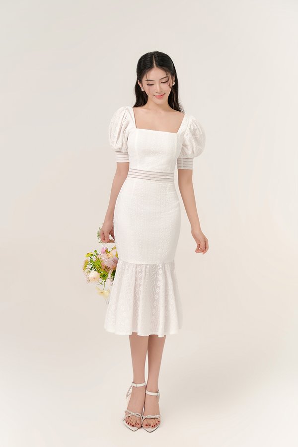 Jangmi Puffy Sleeves Broderie Anglaise Mermaid Dress in Iconic White