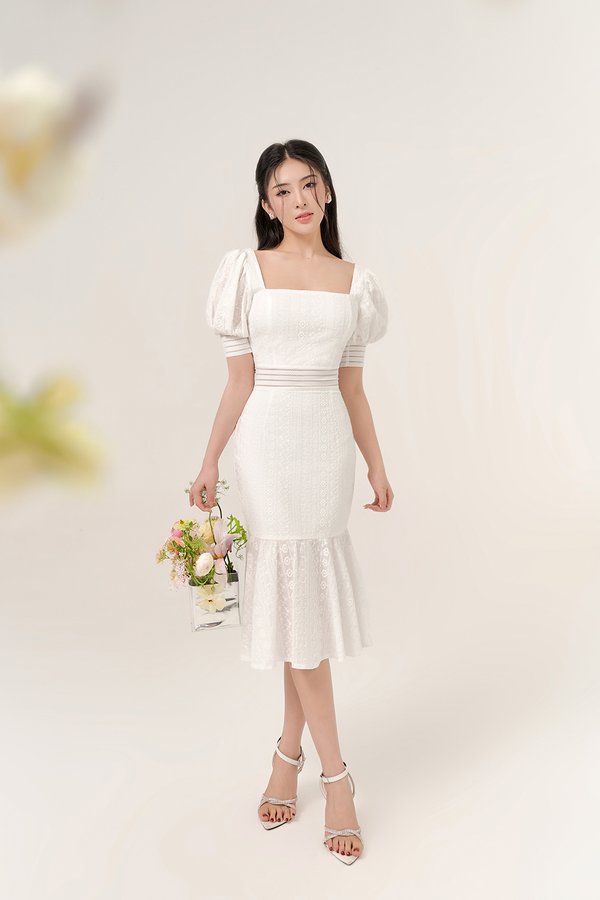 Jangmi Puffy Sleeves Broderie Anglaise Mermaid Dress in Iconic White