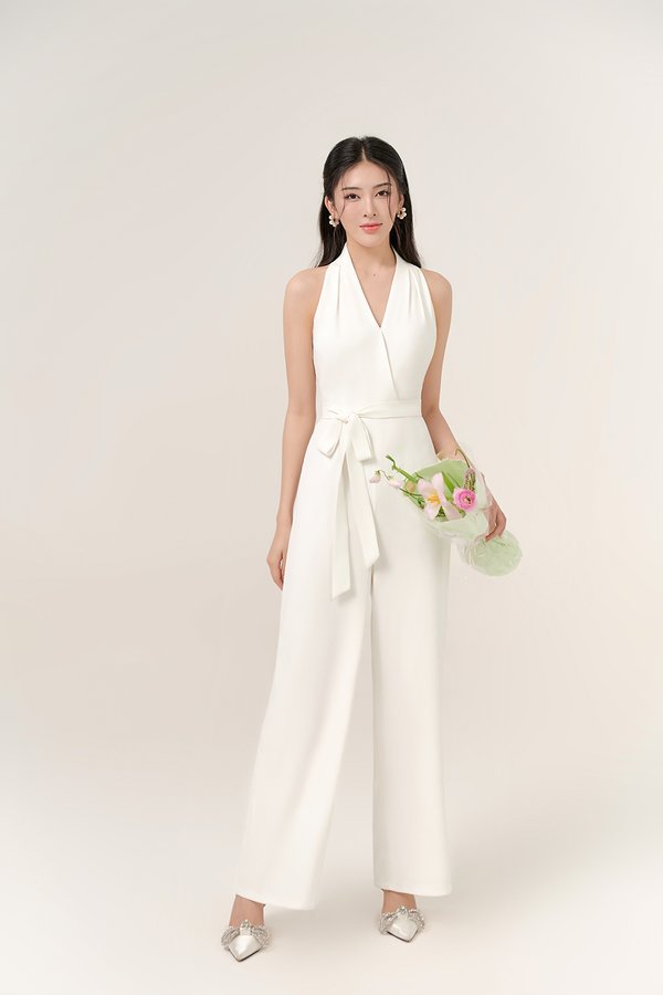Juni Pleated V-Neck Jumpsuit with Sash Belt in Iconic White