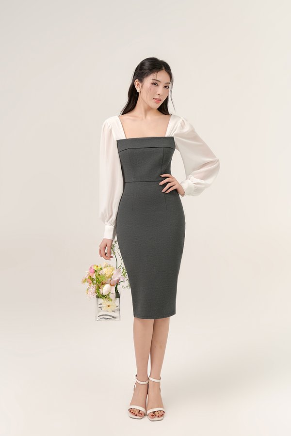 Nami Chiffon Sleeves Pencil Dress In Grey/Iconic White