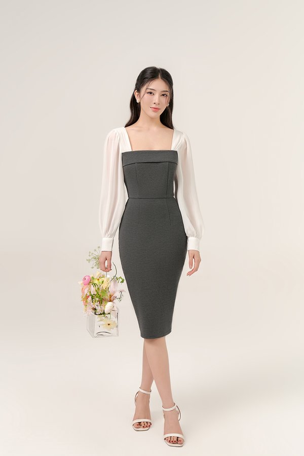 Nami Chiffon Sleeves Pencil Dress In Grey/Iconic White