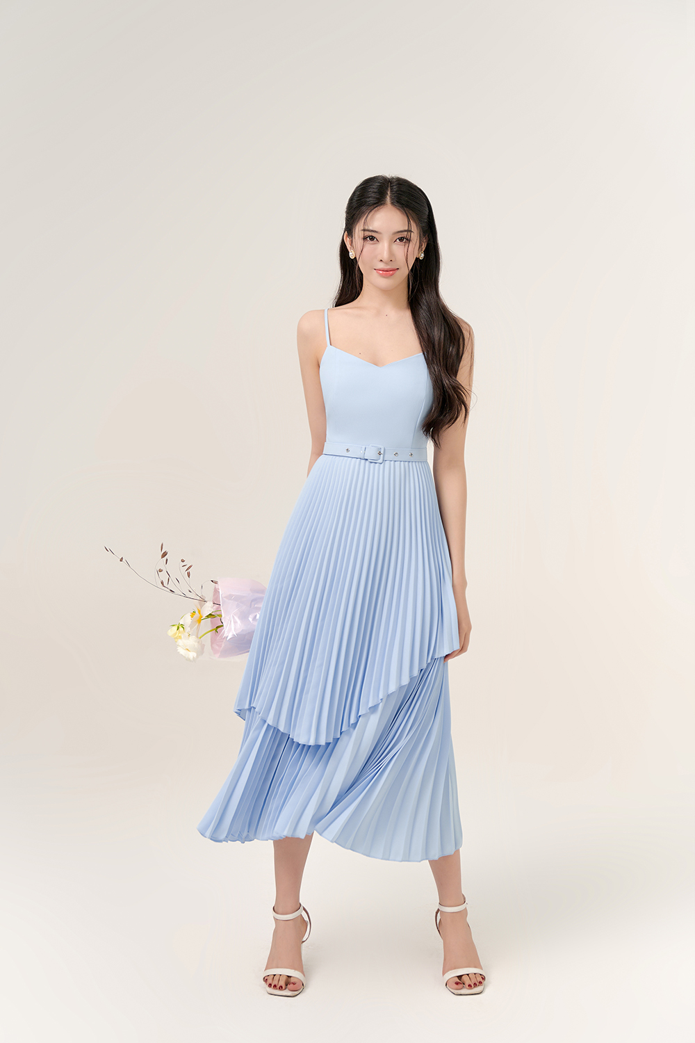 Jeanne Layered Pleated Midi Dress in Cornflower Blue Chello