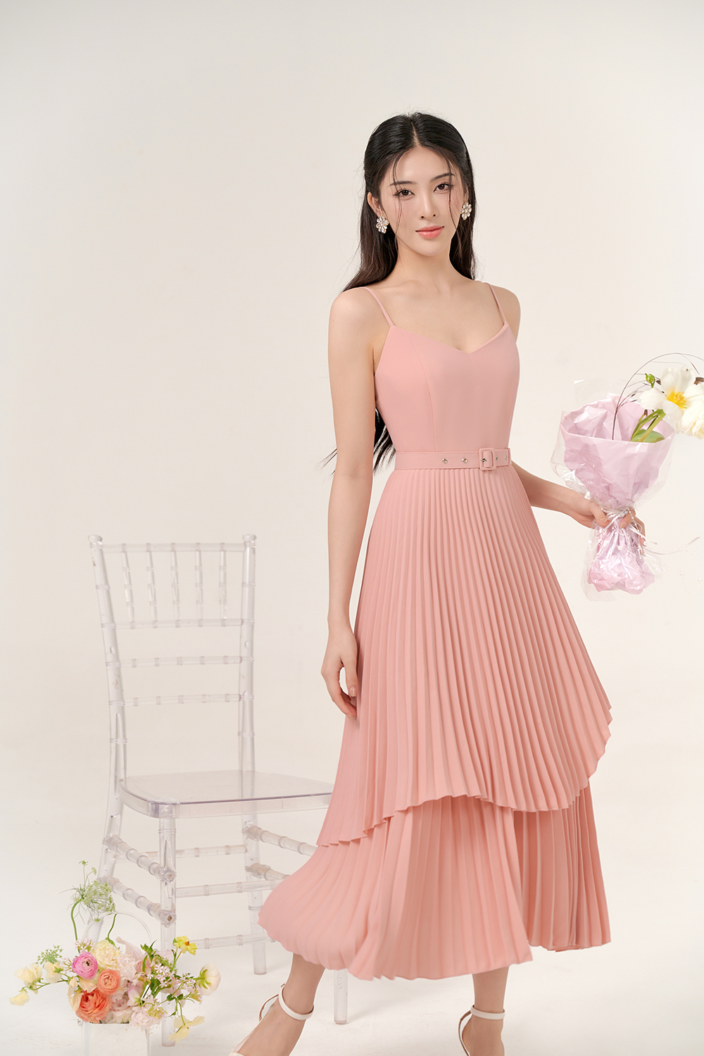 Pleated pink store midi dress