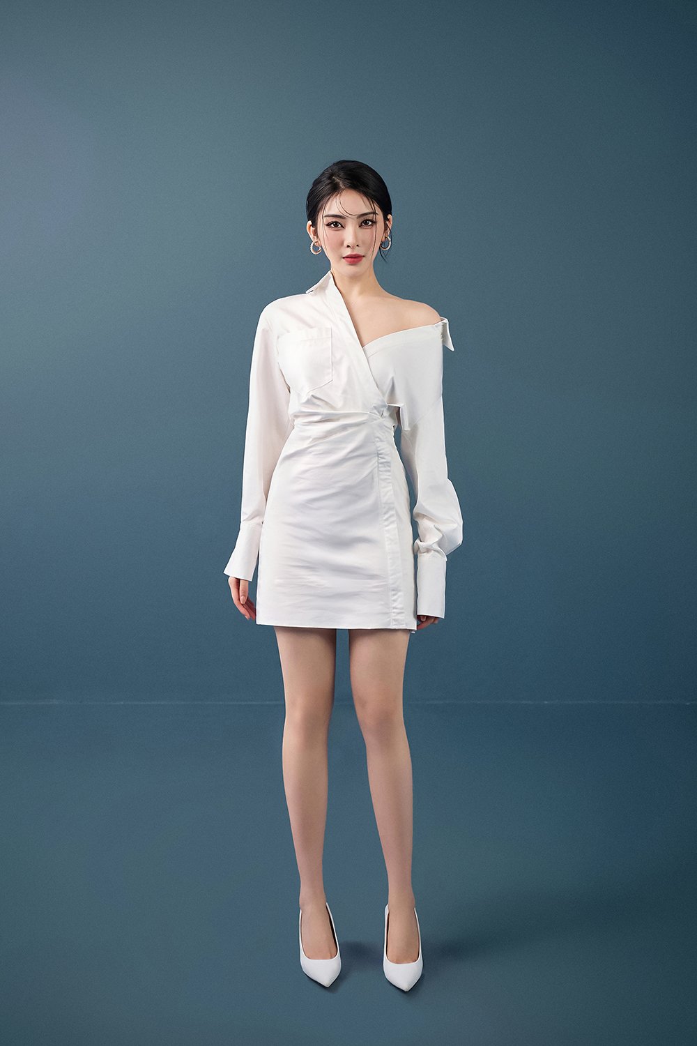 Aera Asymmetrical Shirt Dress in Iconic White