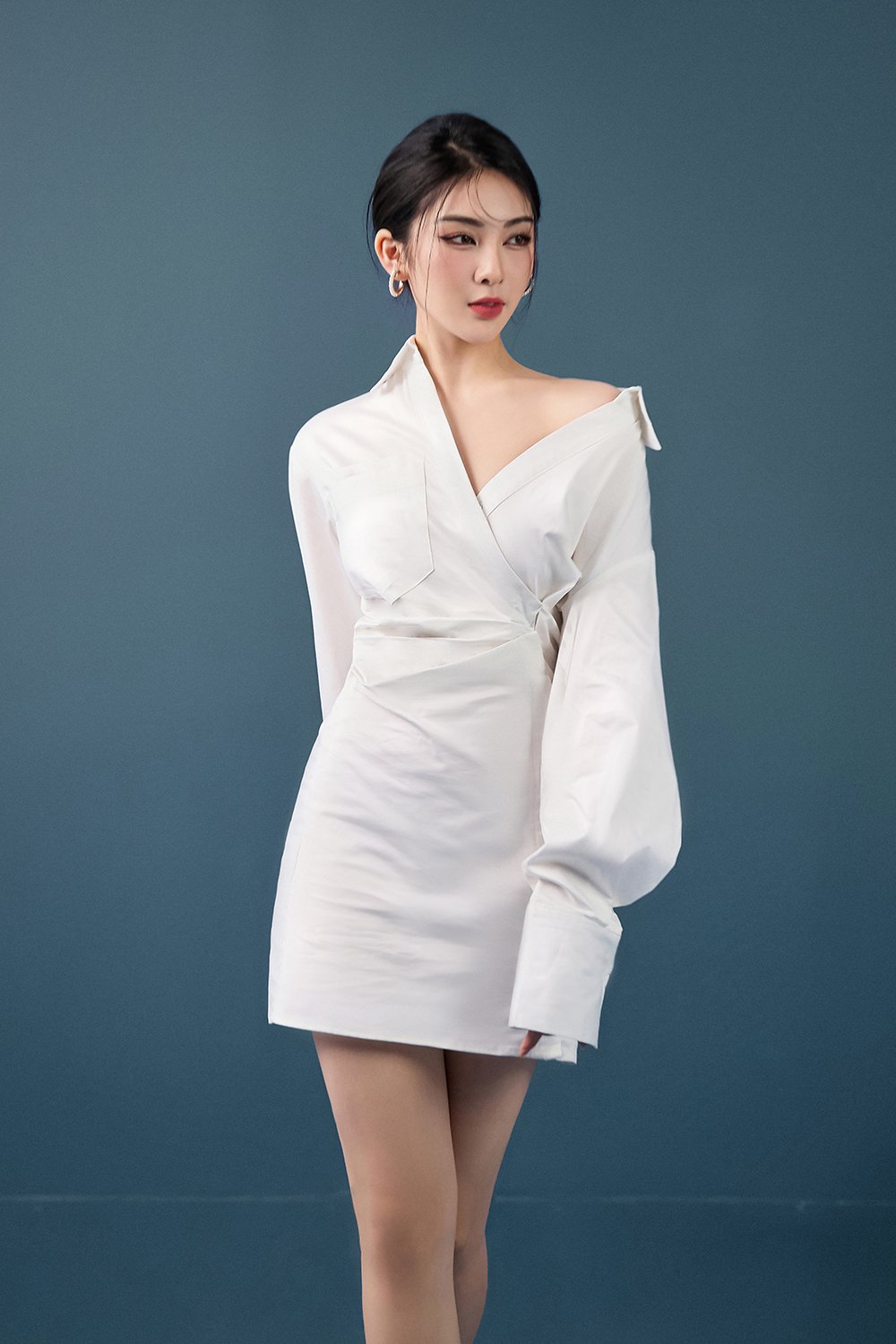 Aera Asymmetrical Shirt Dress in Iconic White
