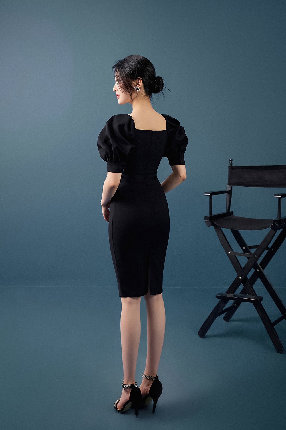 Hana Puffy Sleeves Sweetheart Pencil Dress in Classic Black