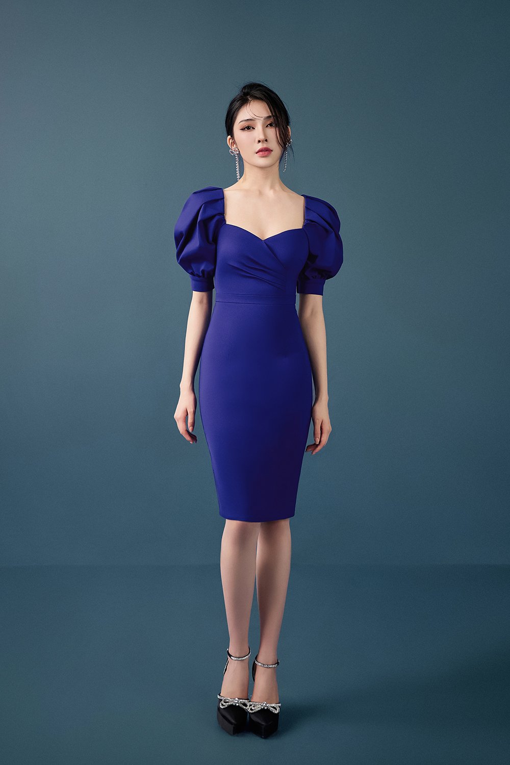 Hana Puffy Sleeves Sweetheart Pencil Dress in Royal Blue