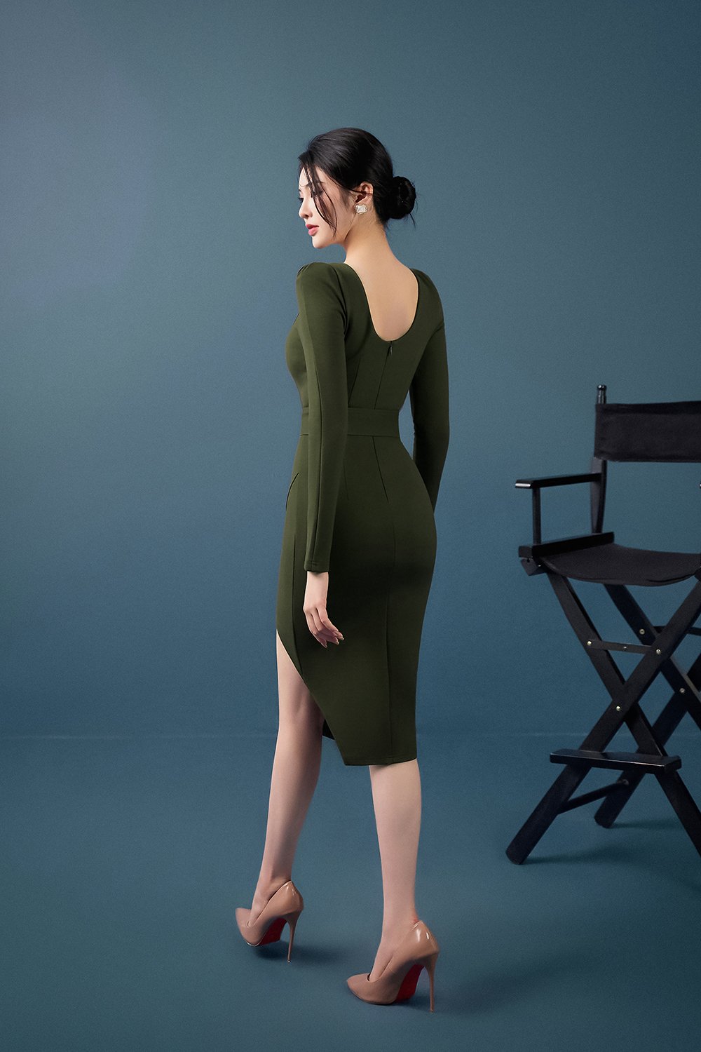 Nayoung Shoulder Padded Belted Pencil Dress in Olive Green