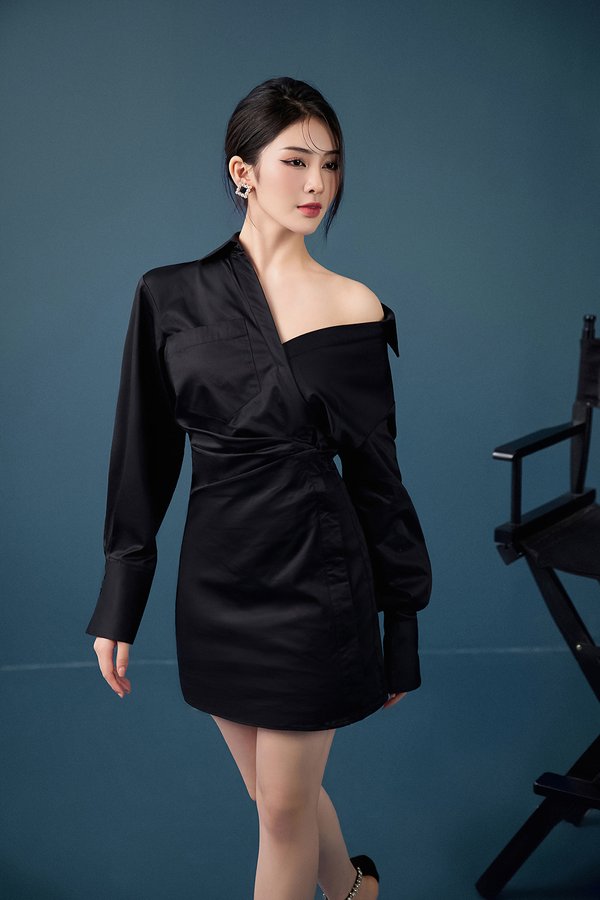 Aera Asymmetrical Shirt Dress in Classic Black