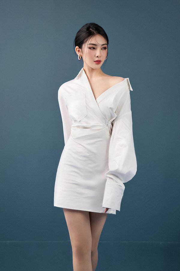 Aera Asymmetrical Shirt Dress in Iconic White
