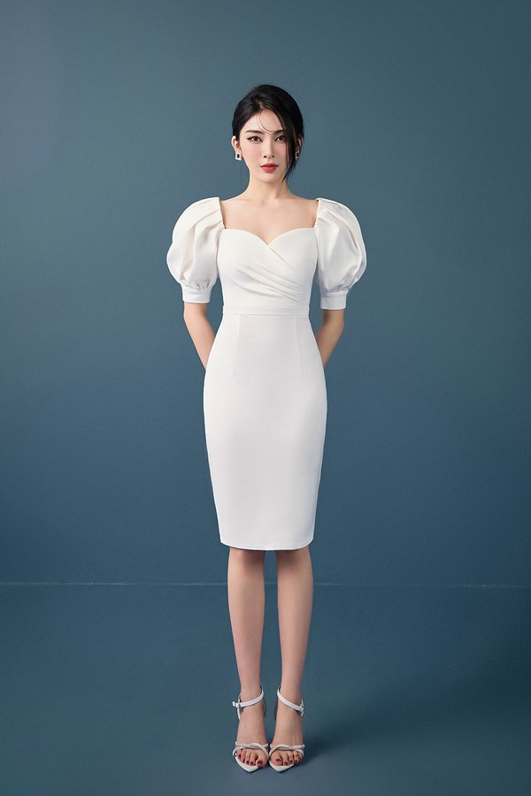 Hana Puffy Sleeves Sweetheart Pencil Dress in Iconic White