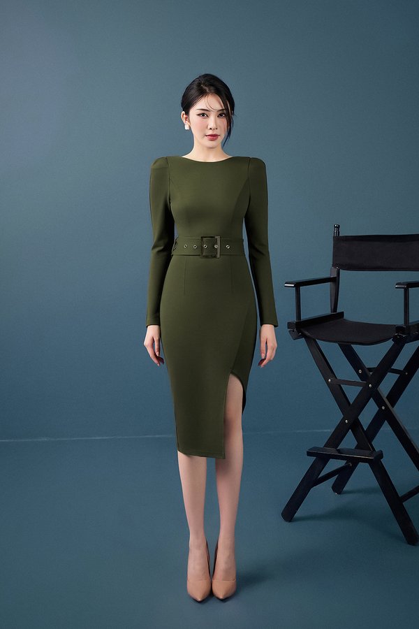 Nayoung Shoulder Padded Belted Pencil Dress in Olive Green