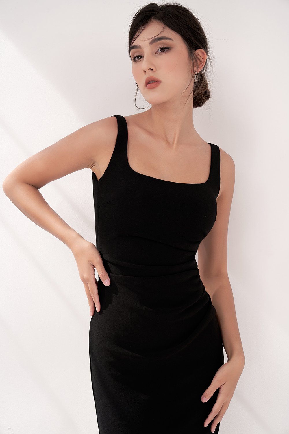 Airlea Padded Ruched Low Back Dress in Classic Black