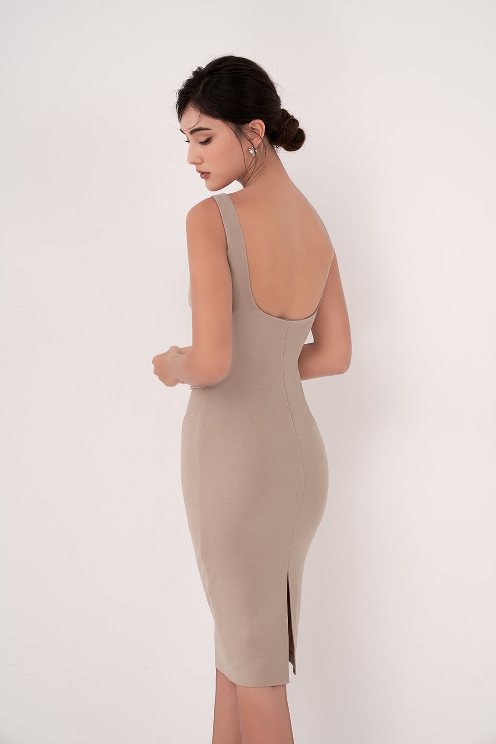 Airlea Padded Ruched Low Back Dress in Stone