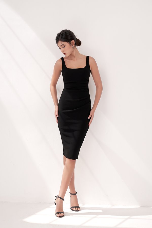Airlea Padded Ruched Low Back Dress in Classic Black
