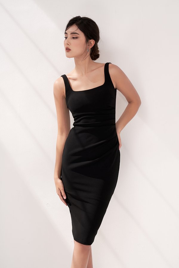 Airlea Padded Ruched Low Back Dress in Classic Black