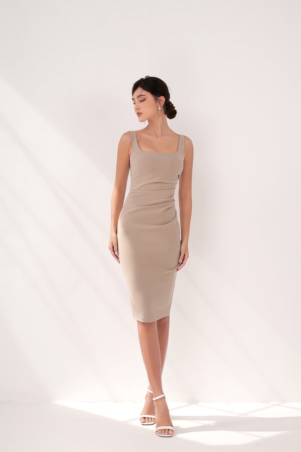 Airlea Padded Ruched Low Back Dress in Stone