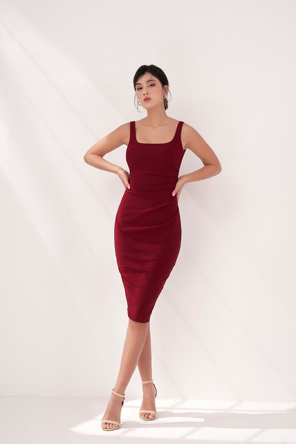 Airlea Padded Ruched Low Back Dress in Wine Red