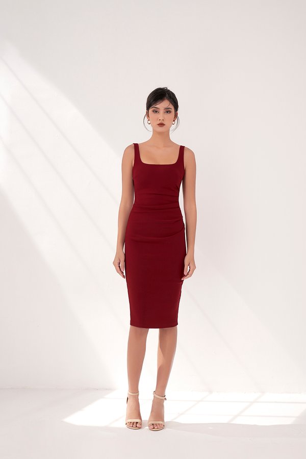Airlea Padded Ruched Low Back Dress in Wine Red