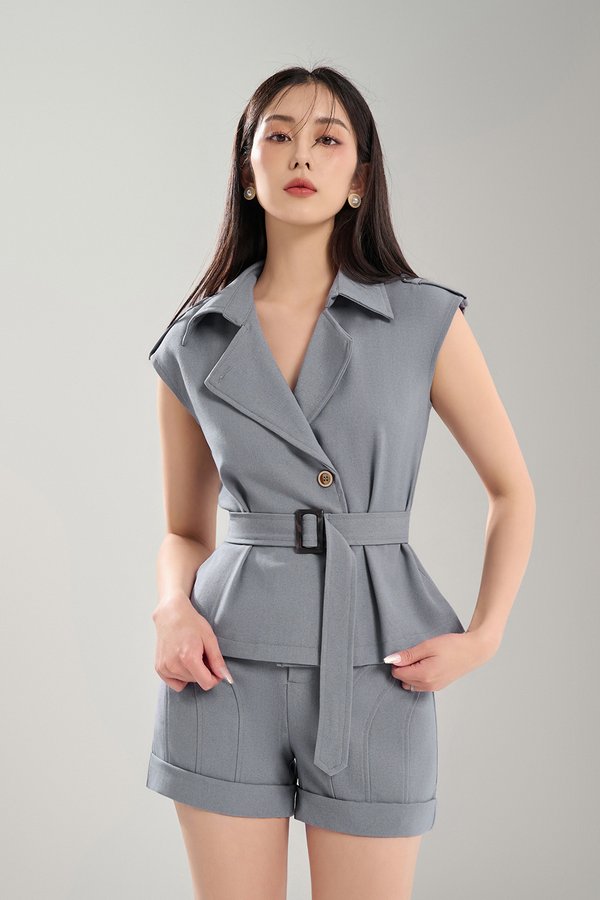 Elvire Button Down Trench Top in Cadet Grey