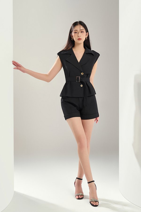 Elvire Button Down Trench Top in Classic Black