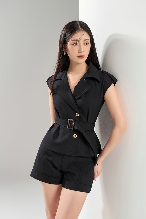 Elvire Button Down Trench Top in Classic Black