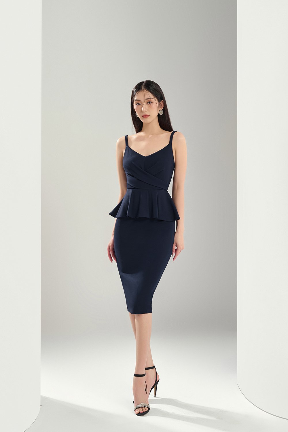Ines Fitted Peplum Midi Dress in Navy Blue