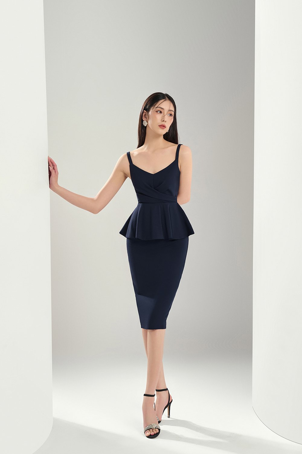 Ines Fitted Peplum Midi Dress in Navy Blue