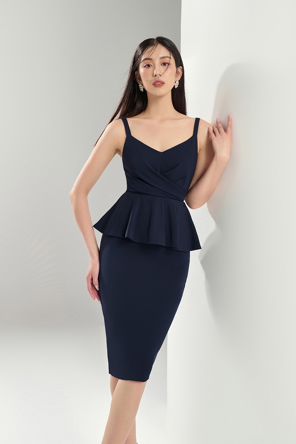 Ines Fitted Peplum Midi Dress in Navy Blue